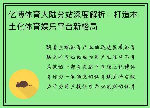 亿博体育大陆分站深度解析：打造本土化体育娱乐平台新格局